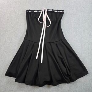 Black Strapless Mini Dress Lace Trim Ribbon Tie Skater Style Size S skater glam